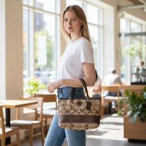 Coach Signature C Monogram hand Bag Brown Tan Leather Trim